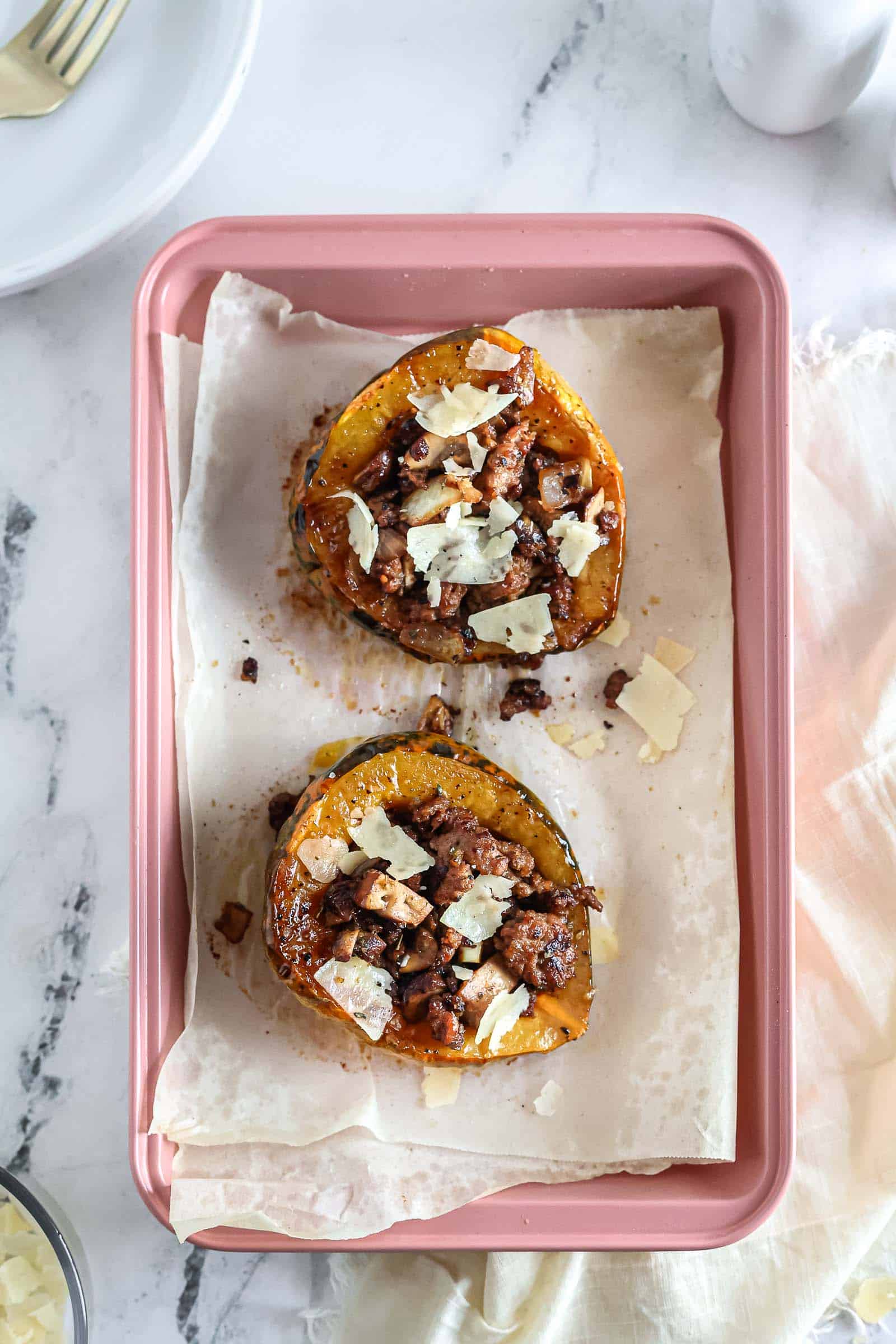 Stuffed Acorn Squash on pan