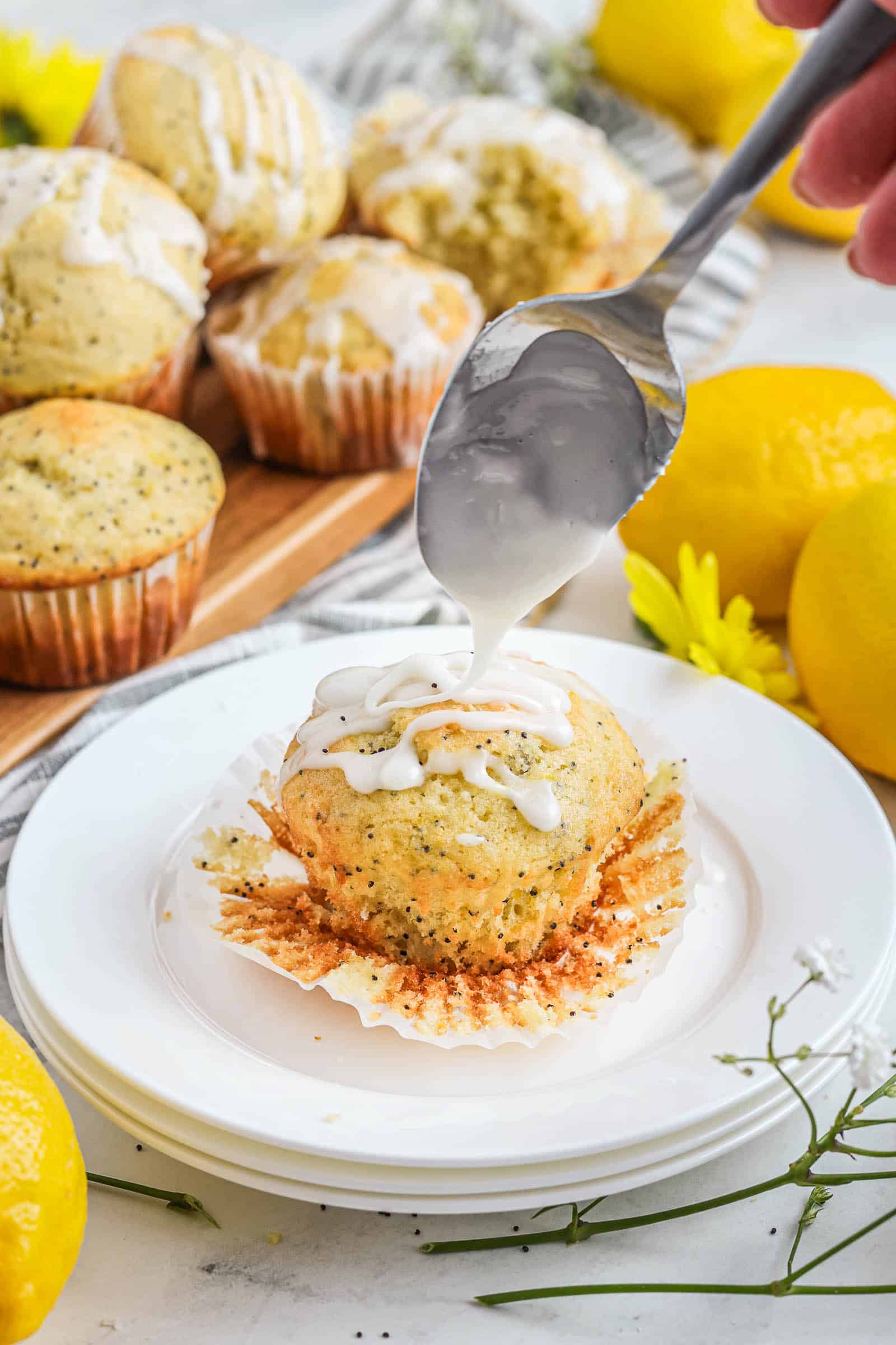 Lemon glaze drizzled on a muffin