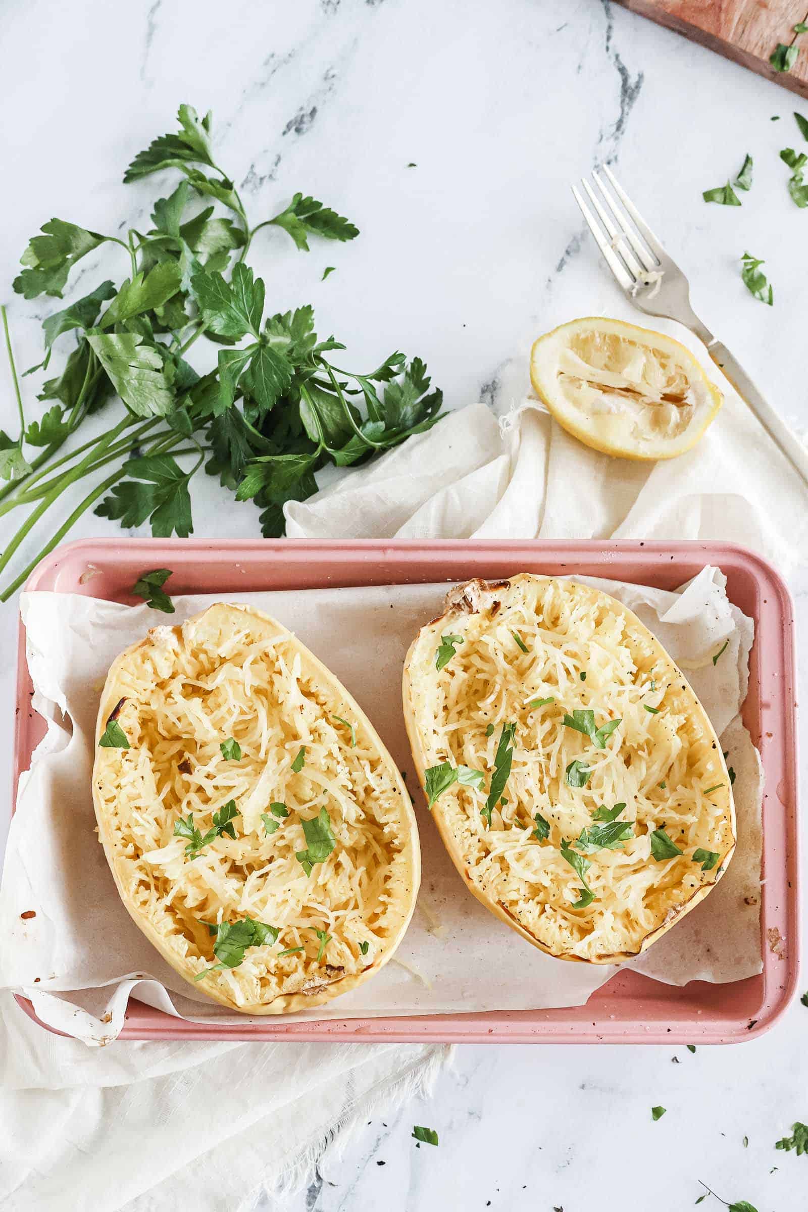 Spaghetti squash on baking sheet