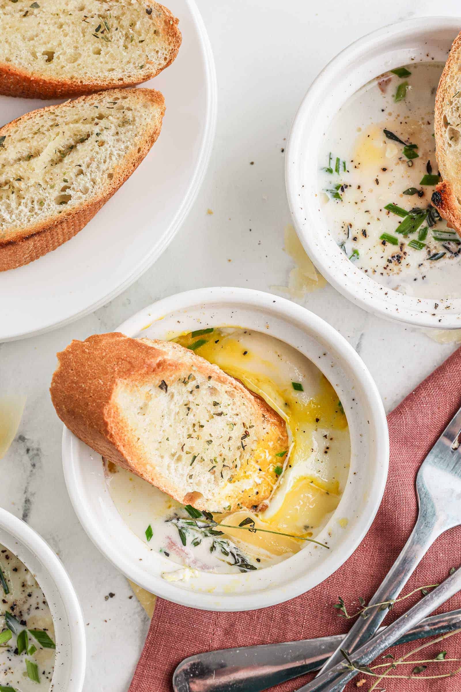 Eggs en Cocotte with bread.
