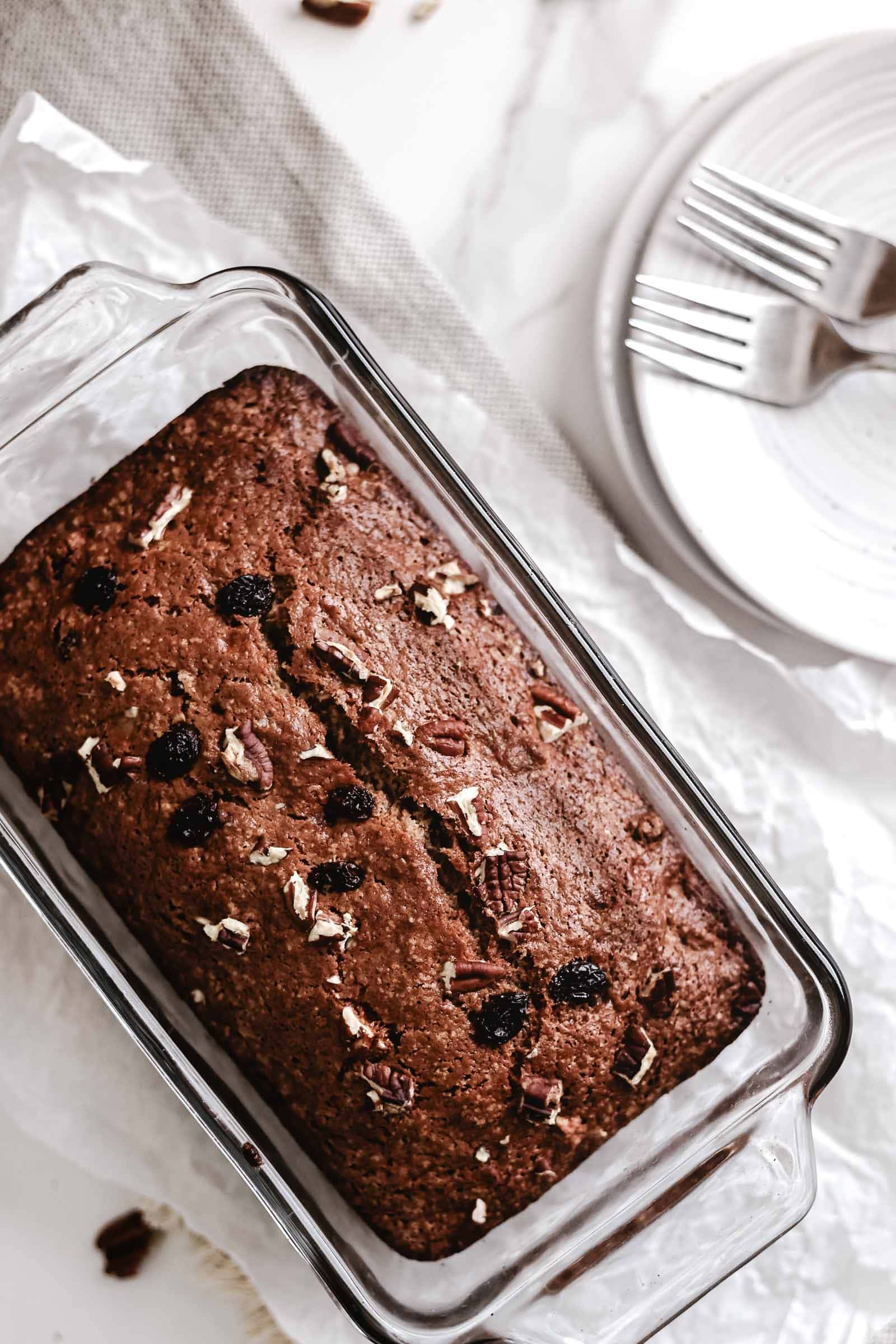 Almond Butter Banana Bread in glass dish