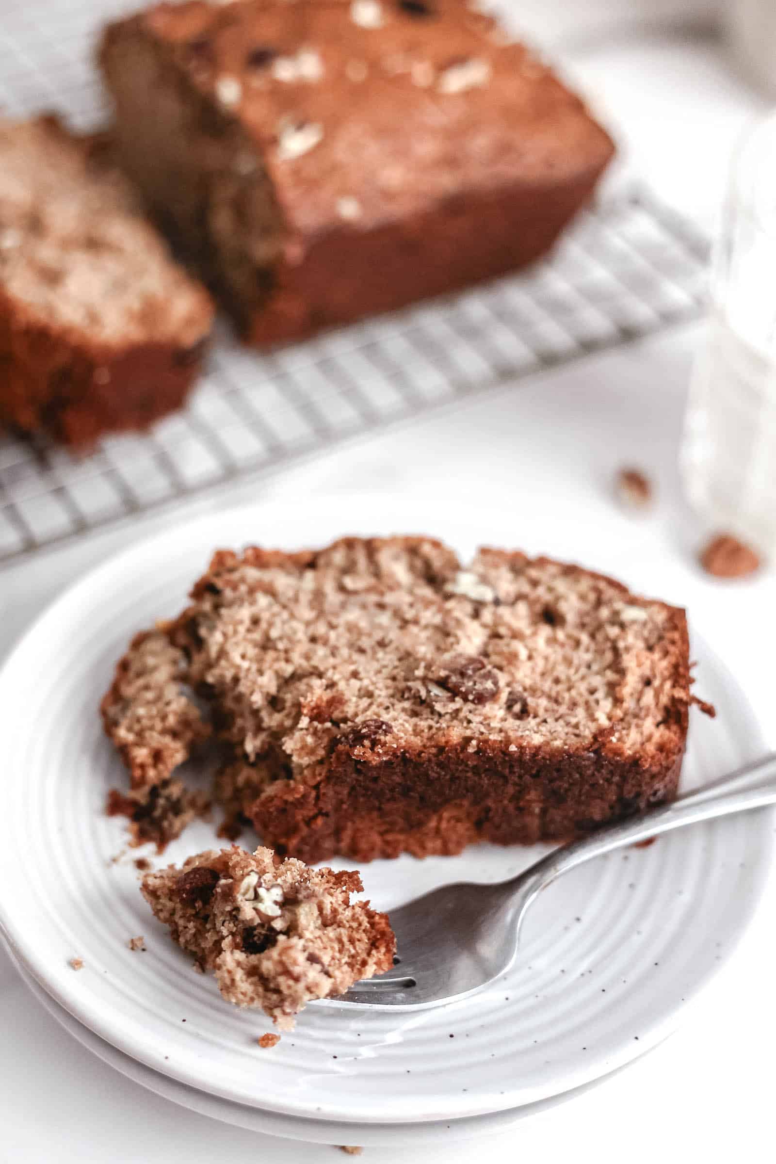 Almond Butter Banana Bread slice on plate