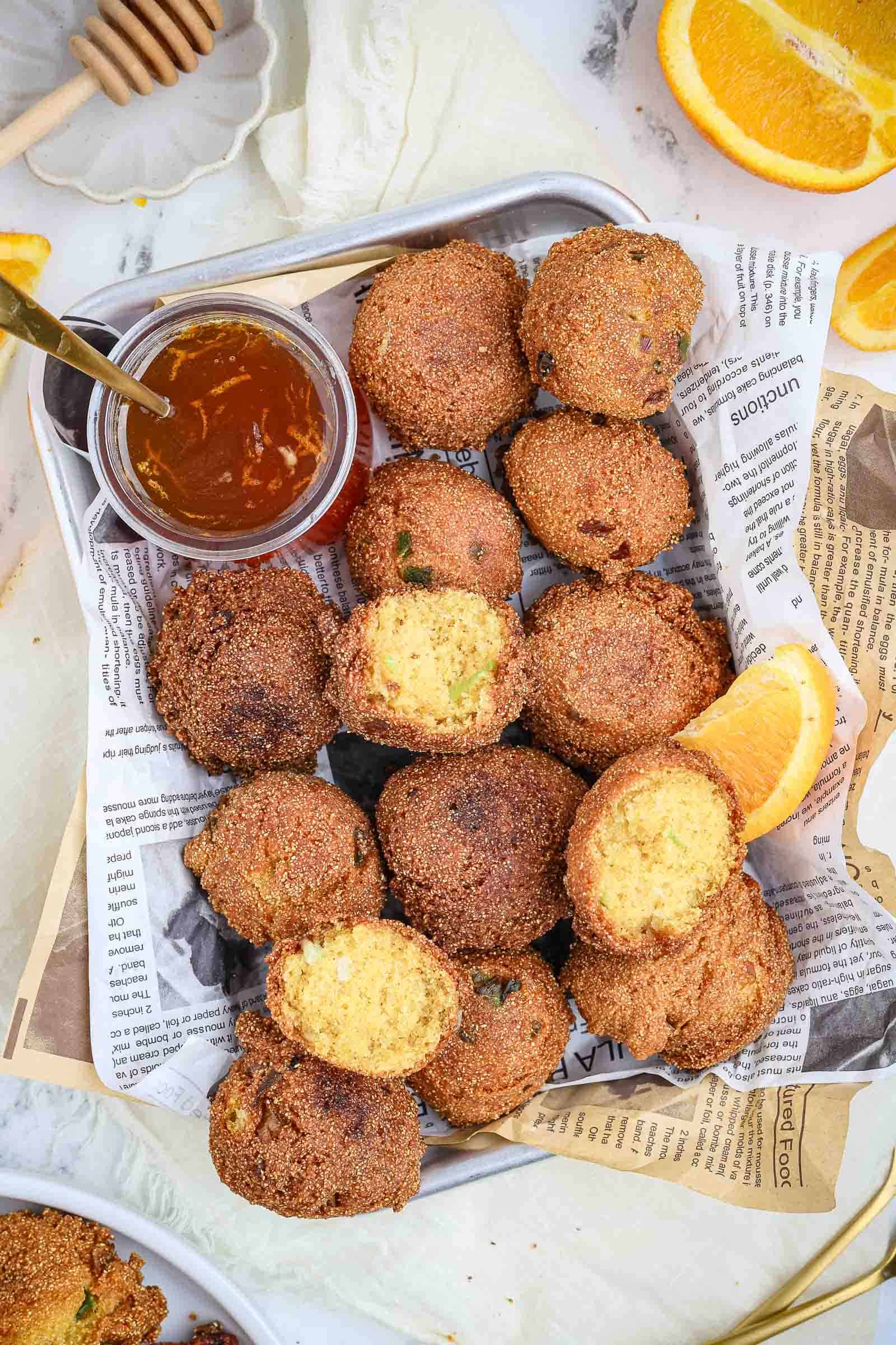 Hush puppies on a serving tray.