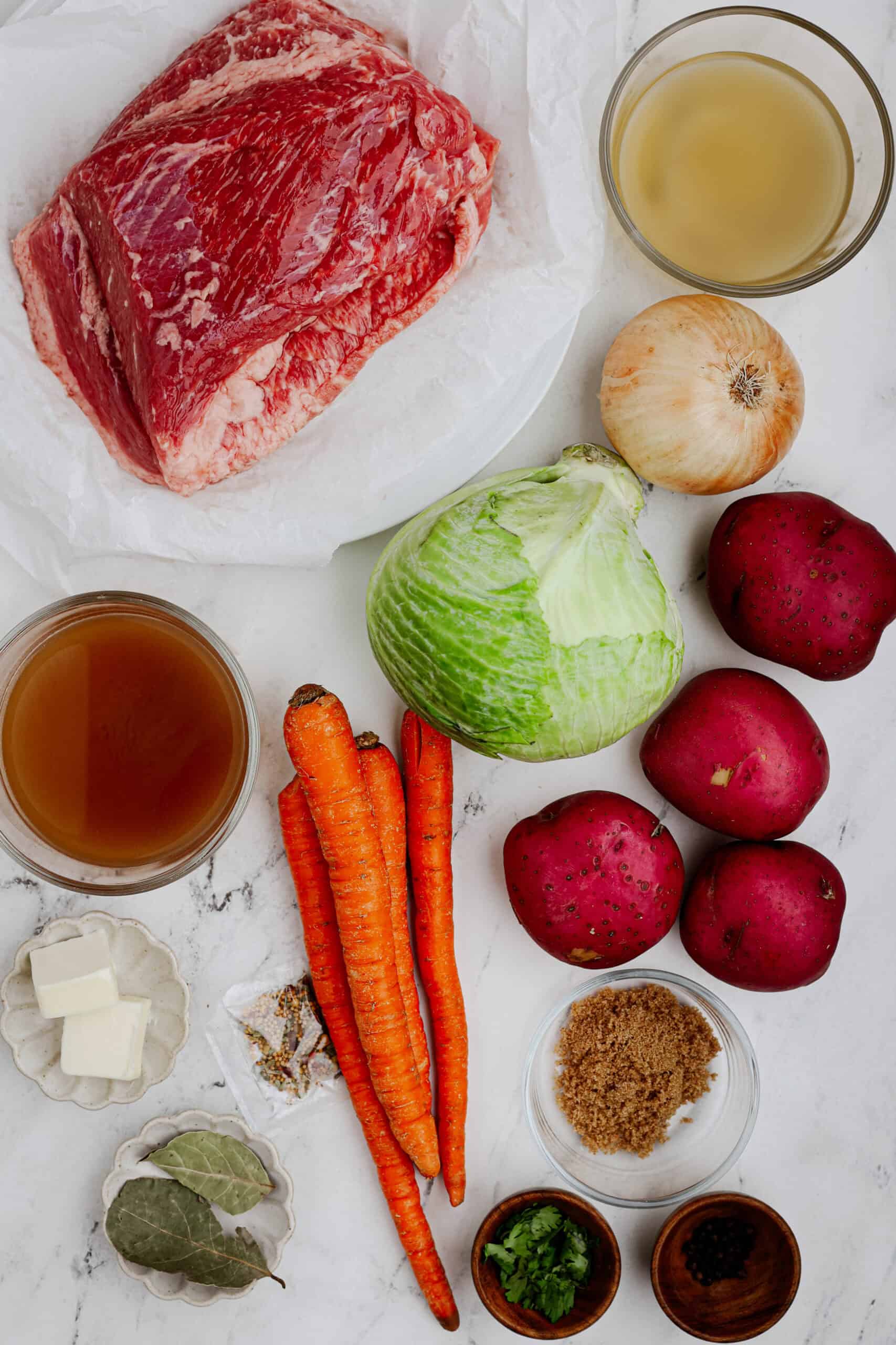 Corned beef and cabbage ingredients.