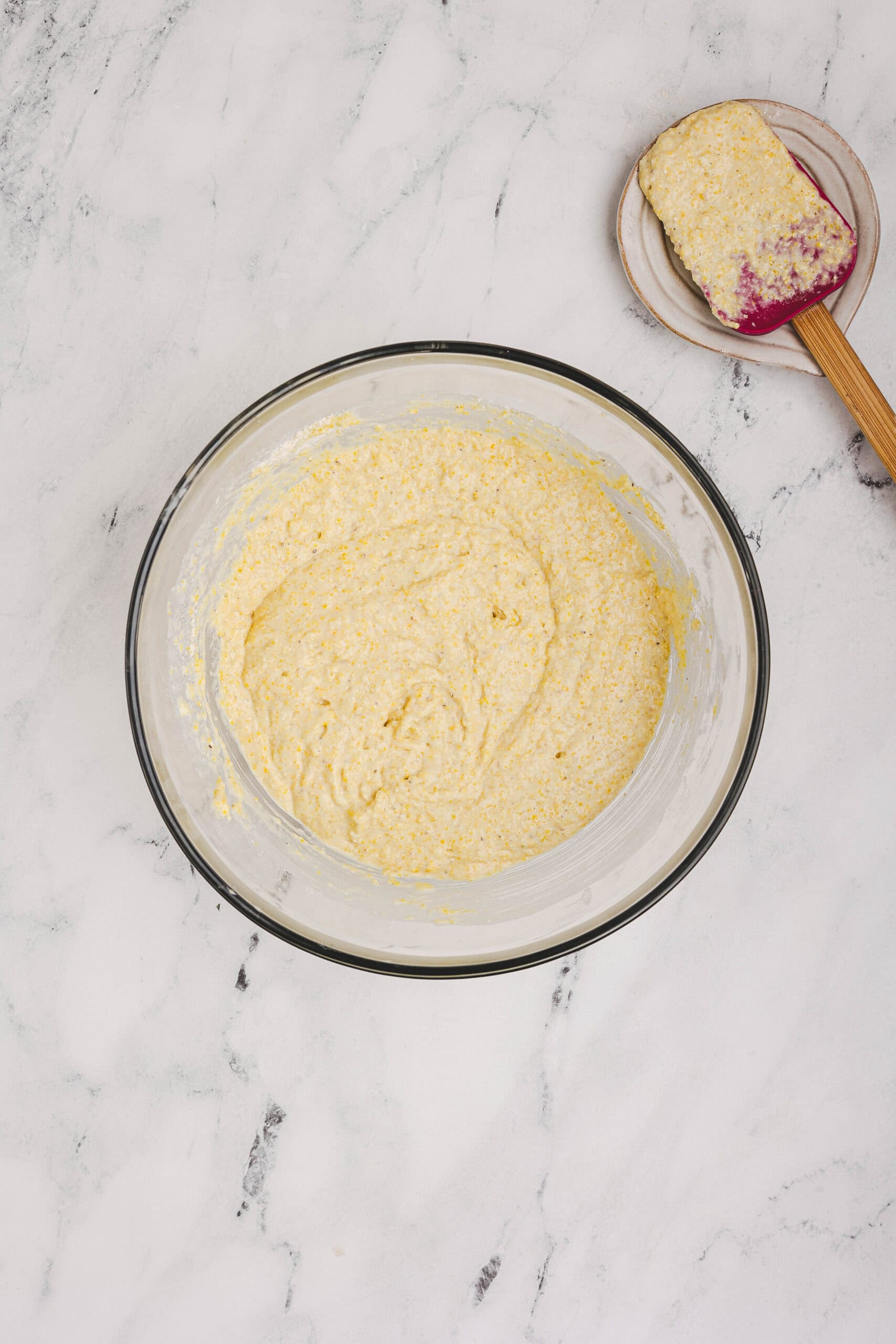 Cornbread batter mixed until smooth and ready to bake.
