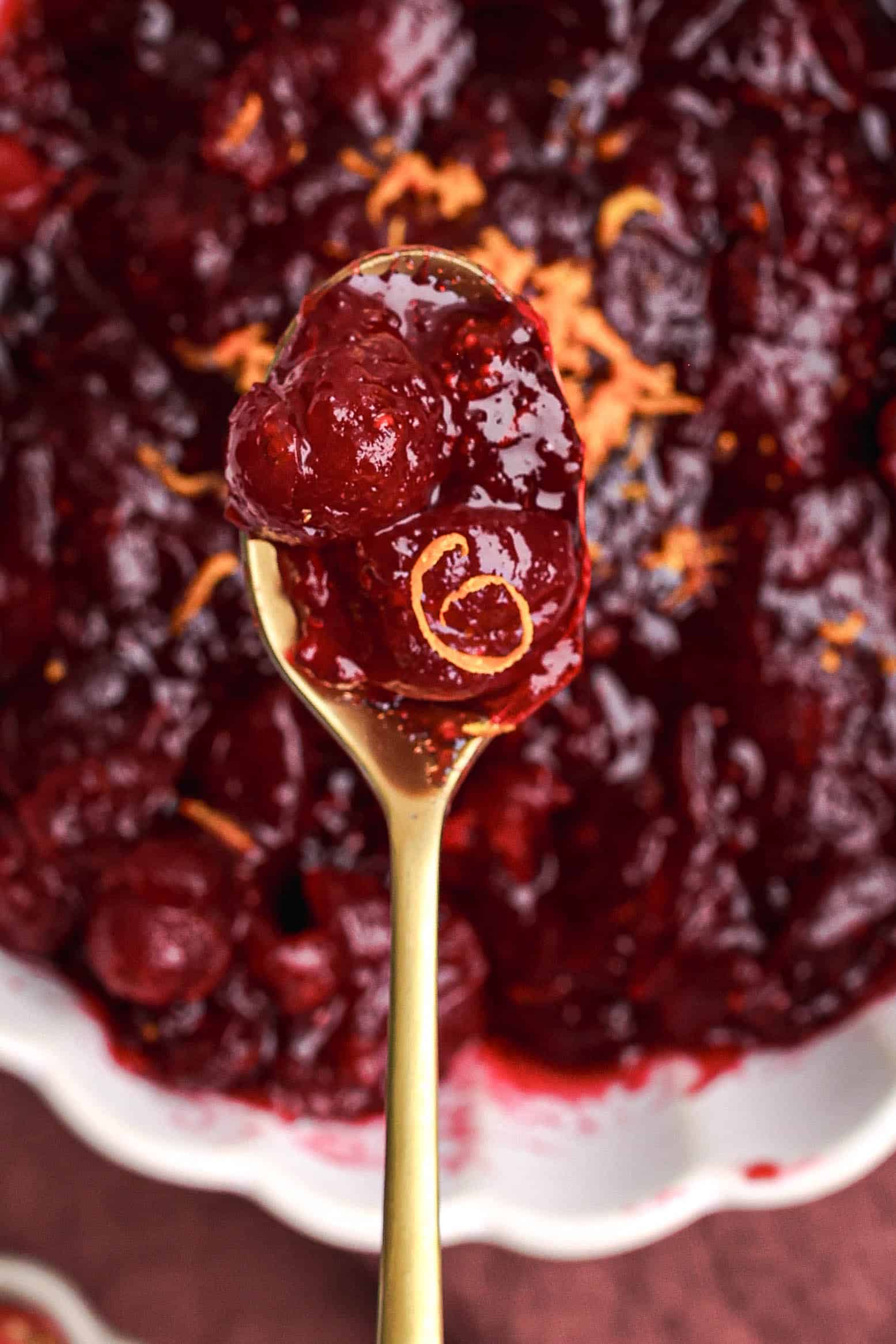 Spoonful of cranberry orange sauce showing glossy texture with whole cranberries and orange zest.